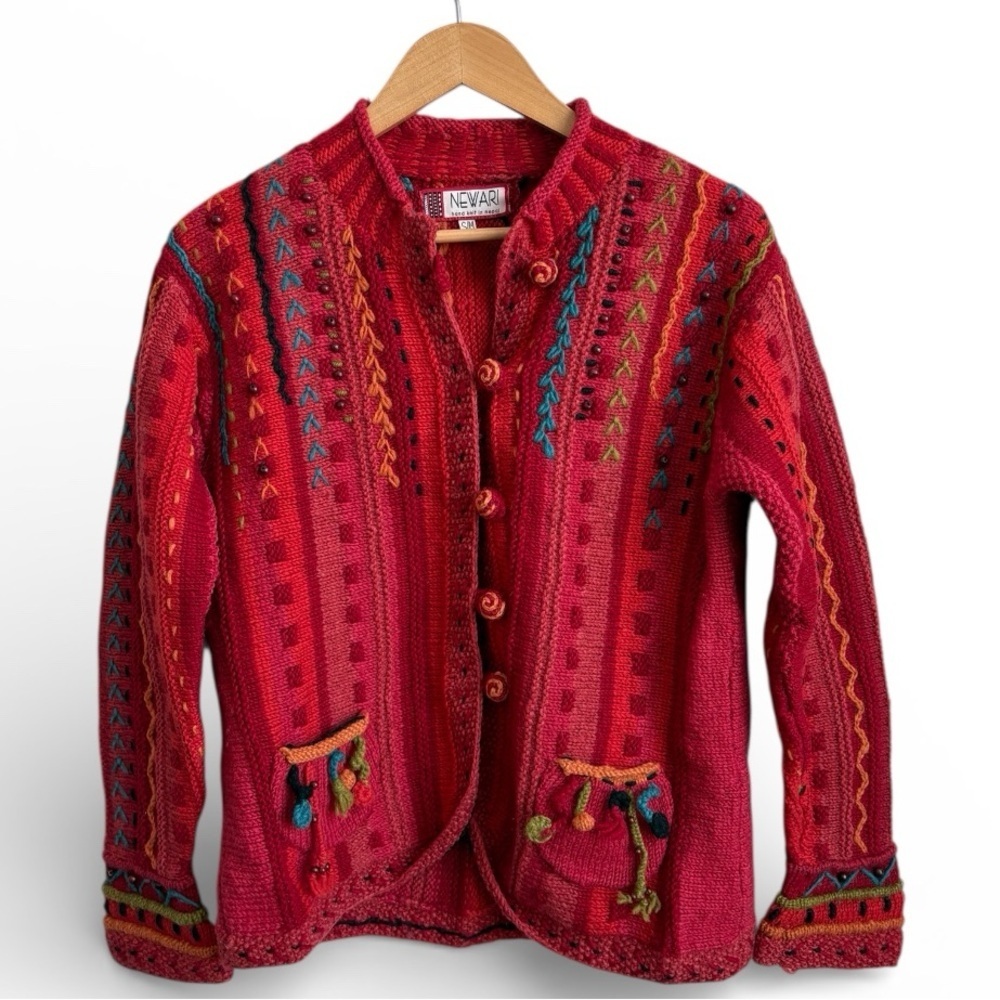 NEWARI Hand Knit in Nepal Wool Cardigan Sweater Boho S/M